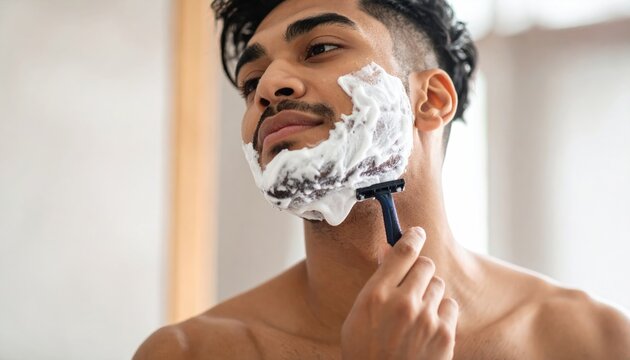 Man shaving face with foam and razor