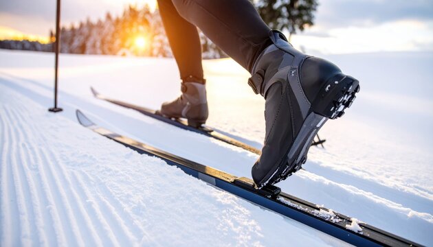 Close-up of a person's cross-country ski boot and ski on groomed tracks in a snowy winter landscape during sunset.