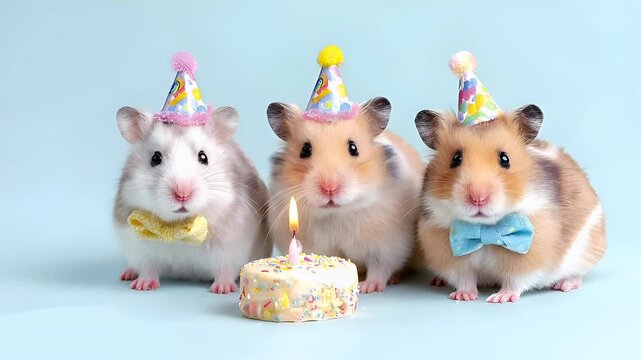 Birthday celebration theme for party event. Three hamsters wearing colorful party hats and bow ties, gathered around a birthday cake with a lit candle, against a light blue background.