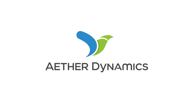 Aether Dynamics logo featuring abstract blue and green bird-like design.