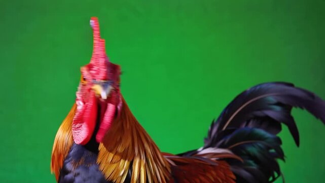 Vibrant rooster with striking red comb against green background