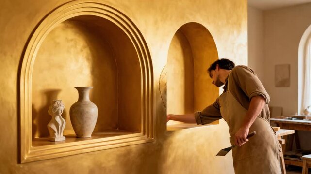 Medium shot of an artisan shaping smooth arched wall niches with elegant curves perfect for showcasing decorative vases or sculptures in cozy interiors.