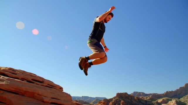 Lean, athletic young caucasian man, silhouetted by golden lens flare, dramatically leaps across a deep chasm in an epic, sun-drenched arid landscape with red cliffs. Ultimate human challenge