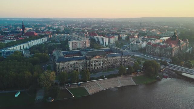 Aerial footage circling Dresden's Former Royal Saxon Ministry of Finance (1894-97; Otto Wanckel) from left to right at dawn 