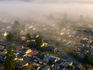 Aerial View of Foggy Suburban Neighborhood in Burnaby, BC, Canada