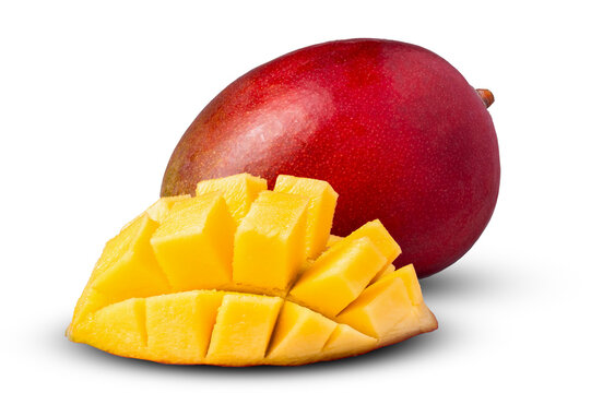 raw ripe juicy mango cut into slices on a transparent background isolate
