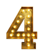 Large vintage marquee light up number four featuring glowing incandescent bulbs set in a distressed gold metal casing&nbsp;