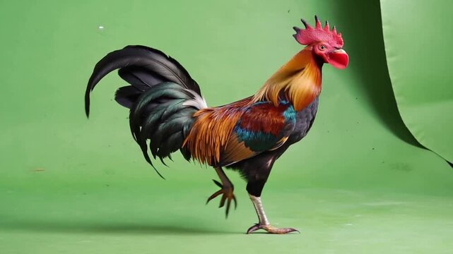 Vibrant rooster strutting confidently on green background