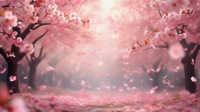 Beautiful falling cherry blossom petals in a spring garden Generative AI