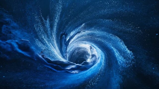 Mesmerizing blue particle vortex swirling dynamically into a deep funnel, depicting cosmic energy, digital flow, or abstract water currents. Excellent for science, technology,