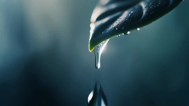 Close-up of a wet leaf with a single water droplet falling from its tip against a blurred dark background with soft focus.