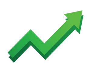 Green Rising Arrow Vector with 3D Shadow Effect: Business Graph Symbolizing Financial Profit, Stock Market Growth, Economic Success, Positive Trend and Wealth Increase Isolated on White Background