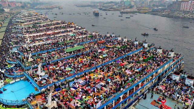 Dhaka, Bangladesh - 10 February 2026: People leave on crowded boats to cast their votes in the 13th National Parliamentary Election.