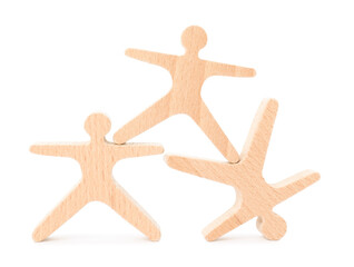 Obraz premium Wooden stacking acrobats isolated on white. Balancing game