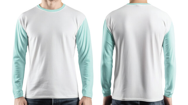 Front and back view mockup of a men's two tone long sleeve raglan t-shirt featuring a white torso and light mint green sleeves on white background