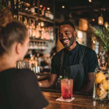 Smiling bartender serving a cocktail to a customer at the bar