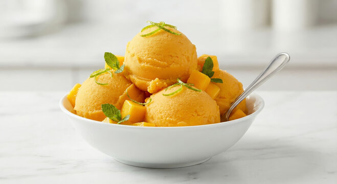 A vibrant, close-up shot of refreshing mango sorbet scoops in a white ceramic bowl