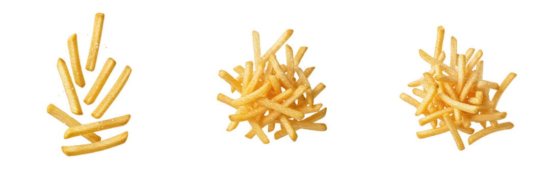 Set of Crispy Golden French Fries Falling and Heaped Isolated PNG