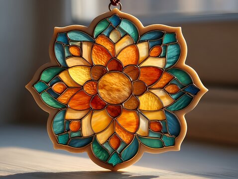 Stained glass floral mandala suncatcher in warm amber tones