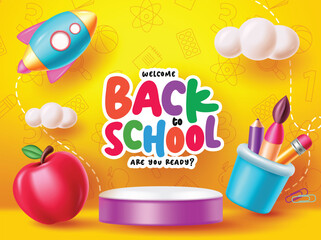 Welcome back to school clipart template. School greeting text with podium and cute educational elements clip art vector illustration.   © Larisa