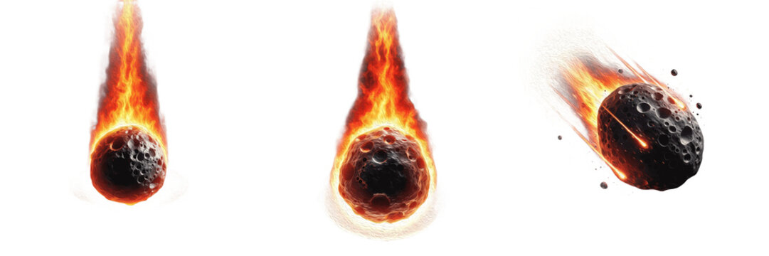 Set of flaming meteors or asteroids falling through the atmosphere isolated on white background cutout
