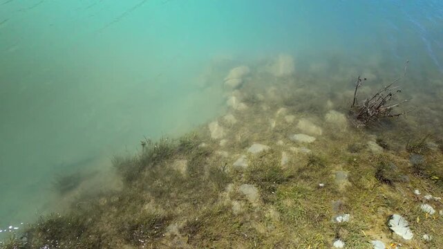 Clear Turquoise Water Over Rocky Shoreline With Algae And Submerged Stones