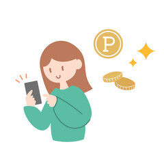 スマホを操作する女性のベクターイラスト お金 ポイント