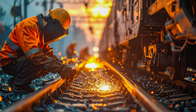 Operarios con equipo de seguridad reparando v&iacute;as de tren al amanecer, maquinaria y herramientas en acci&oacute;n, escena industrial hiperrealista con luz natural y gran nivel de detalle.