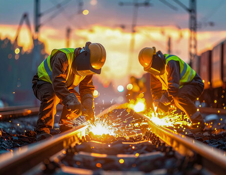 Operarios con equipo de seguridad reparando v&iacute;as de tren al amanecer, maquinaria y herramientas en acci&oacute;n, escena industrial hiperrealista con luz natural y gran nivel de detalle.