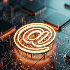 A glowing email symbol on a circuit board representing technology and communication