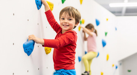 Naklejka premium Happy young boy smiling while climbing on indoor bouldering wall for kids