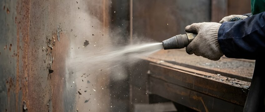 Industrial Sandblasting Nozzle in Action for Manufacturing, Surface Prep, and Construction Industry Visuals