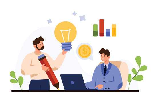 Monetization of creative idea, financial investment in project success. Tiny employee holding big light bulb and pencil to offer project to sponsor, monetize blog content cartoon vector illustration