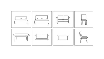 furniture line art set, bedroom, living room, dining room, chairs, sofa, table