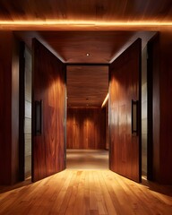 Fototapeta premium Ajar Doors With Warm LED Strip Along Teak: Cozy Luxury Interior Detail For Modern Living Concepts