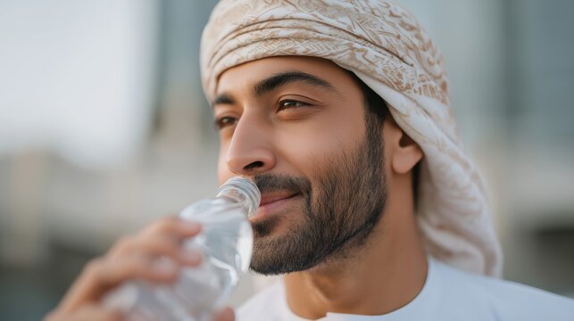 Close-up of a young Middle Eastern man in traditional headwear drinking water.