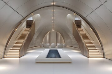 Obraz premium Symmetrical Private Jet Terminal Foyer With Twin Staircases: Luxury Travel Architecture For Premium Branding