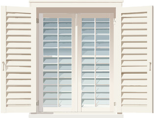 Half-Open Window Shutters Casting Light Stripes Across Interior, Creating Dramatic Shadows and Atmospheric Mood