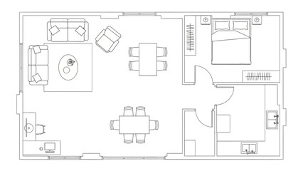 Floor plan of a modern apartment with furniture, top view