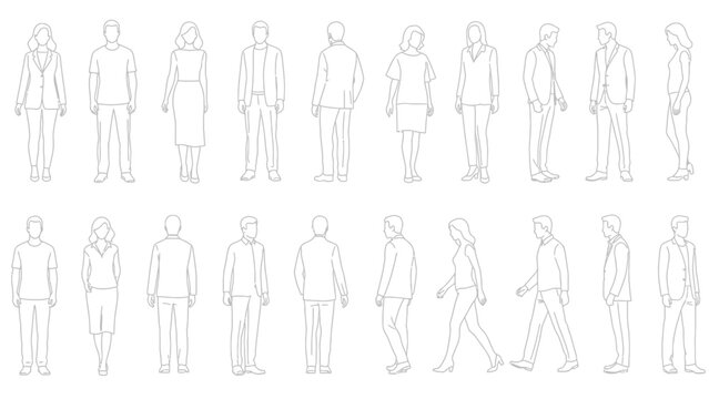 line art people silhouettes, diverse figures, front and back views