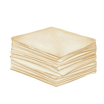 Watercolor illustration of empty stack of paper sheets in vintage style. Isolated on white background. Template for designing letters, invitations, messages.