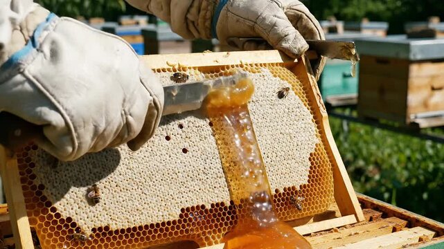 Beekeeper harvesting fresh liquid honey from honeycomb with a knife in apiary