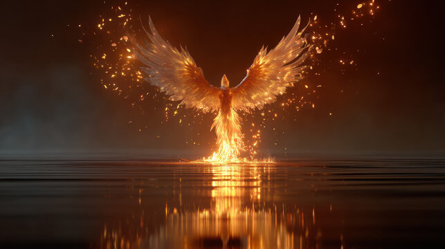 Majestic angel with glowing fiery wings rising from water in a dramatic, mystical scene with vibrant illumination and divine presence, inspiring fantasy artwork