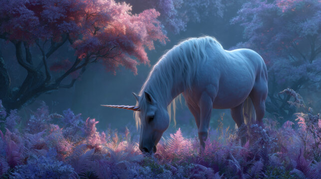 Majestic unicorn in a magical forest scene with pastel colors, enchanting landscape, whimsical atmosphere, and serene, dreamlike fantasy art for creative projects