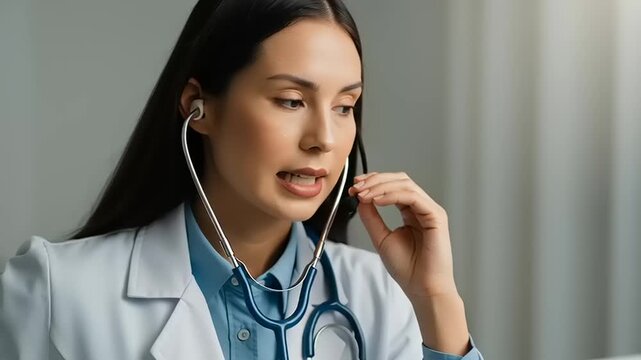 Female Doctor Listening to Music on Earphones.