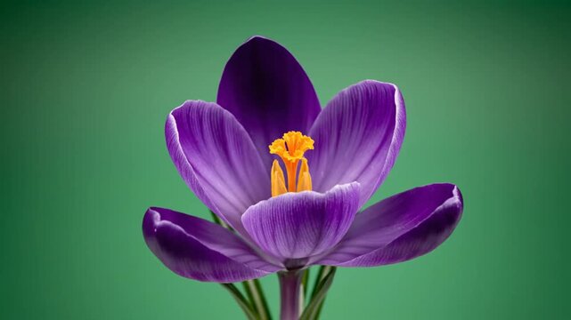 Time-lapse video of a purple crocus flower blooming on a green background.