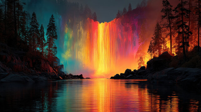 Stunning vibrant waterfall with rainbow over lush forest landscape, scenic outdoor view showcasing colorful natural beauty, peaceful wilderness and breathtaking scenery