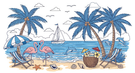 Obraz premium Tropical Beach Scene with Flamingos and Dolphins.
