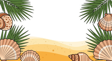 Beautiful Seashells and Palm Leaves Border Design. © Muginandaru