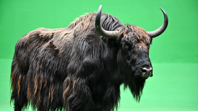 A majestic, shaggy-haired yak or bison-like animal with prominent horns stands against a vibrant green background.